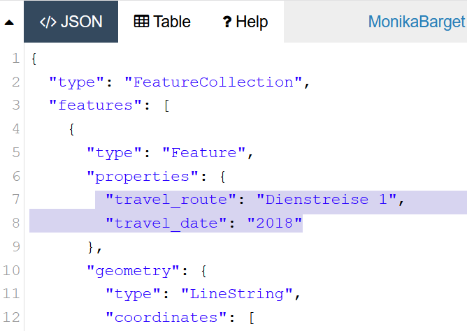 Screenshot: Properties panel with added attributes
